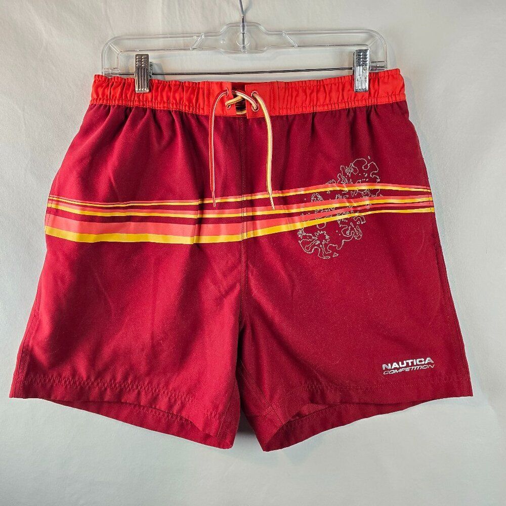 Nautica Competition Swim Trunks Mens Medium Red Yellow Board Shorts Mesh Lining